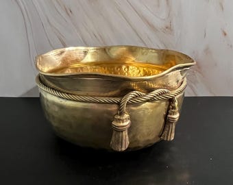 Handmade Brass Bowl Rope Tassel Design Hammered Finish Approx. 6" Diameter