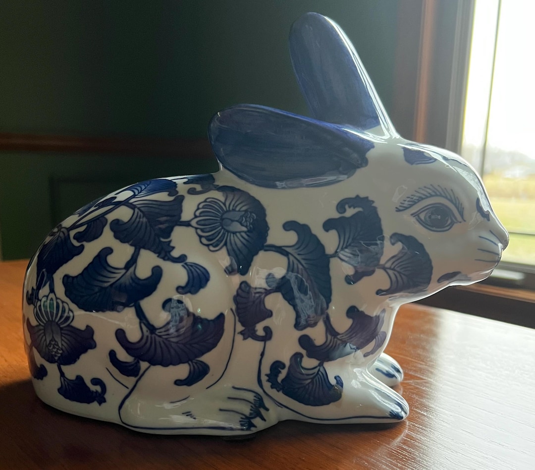 Blue White Ceramic Rabbit Figurine Hand Painted Glossy Floral Chinese ...