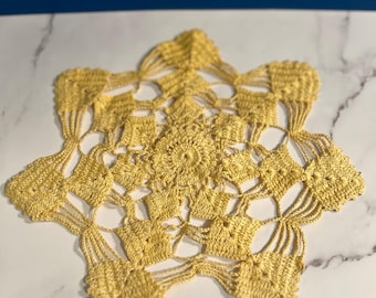 Handmade Yellow Hand Crocheted Doily with Star Pattern