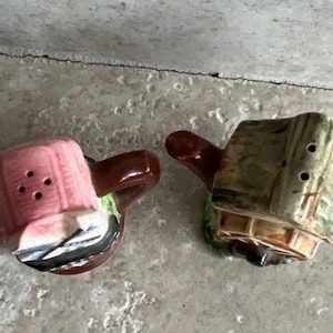 May include: A pair of vintage ceramic salt and pepper shakers. One is a pink watering can, the other a green and brown house. Both have brown handles and are on a neutral surface.