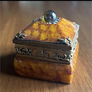 Square Ornate Yellow Trinket Box with Glass Knob & Metal Trim, 2.5 Inch