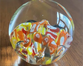 Millefiori Art Glass Paperweight Decorative Clear Orange Yellow Red White Glossy