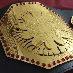 May include: A gold championship belt with a black leather strap. The belt features a large central plate with an Aztec-inspired design, surrounded by red jewels. Additional plates with world map details are also present.