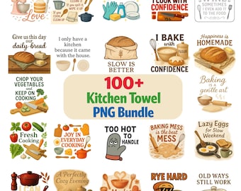 Paquete de imágenes PNG divertidas para paños de cocina, más de 100 frases minimalistas y sarcásticas sobre cocina, diseño de paño de cocina con humor rústico, chistes imprimibles sobre repostería.