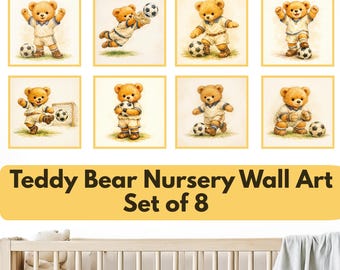 Juego de 8 láminas decorativas de ositos de peluche con temática de fútbol para la habitación del bebé, decoración imprimible para habitación de niño, lámina de osito futbolista para bebé, descarga digital instantánea con acuarela vintage.