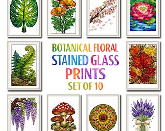 Paquete de patrones botánicos florales para vidrieras (SVG PDF PNG) Conjunto de 10 plantillas de atrapasoles para descarga digital, arte para ventanas con lámina de cobre