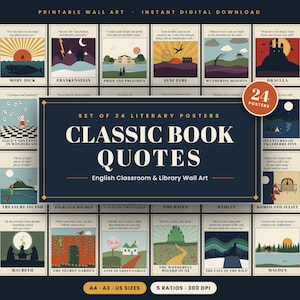 May include: A set of 24 printable literary posters featuring classic book quotes and minimalist illustrations. The collection includes titles like Moby Dick, Frankenstein, and Dracula, presented in a grid layout with a central dark blue label.