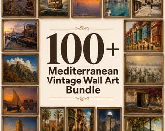 Conjunto de arte mural de galería mediterránea, paquete de más de 100 láminas vintage para imprimir, láminas de pinturas al óleo antiguas, decoración rústica costera italiana griega.