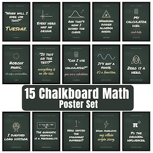 May include: A set of 15 rectangular posters with a dark green chalkboard background. Each poster features white and gold text with maths-themed quotes and simple line art illustrations, including calculators, geometric shapes, and mathematical symbols.