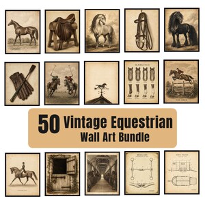 Op de afbeelding: Een collectie van 50 vintage wandkunstprints met paardenthema, voorzien van sepia-kleurige illustraties van paarden, zadels, hoofdstellen, rijuitrusting, stalinterieurs en technische diagrammen met de tekst 50 Vintage Equestrian Wall Art Bundle.