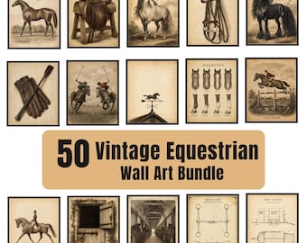 Equestrian Wall Art Set of 50,Printable Vintage Horse Prints,Antique Tack Room Decor,Barn and Stable Gallery Wall,Digital Download