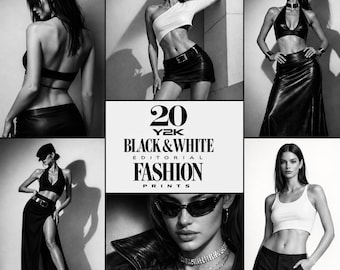 Paquete de láminas de moda en blanco y negro / 20 láminas Y2K para imprimir / Conjunto de pósteres de moda minimalistas / Descarga digital / Decoración de habitaciones con estilo