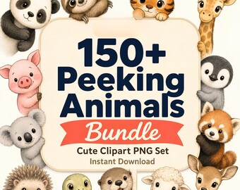 Paquete de imágenes prediseñadas de animales asomándose / Más de 150 imágenes PNG de animales divertidos y extravagantes / Pegatinas de criaturas del bosque graciosas / Descarga digital