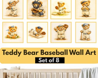 Juego de 8 láminas decorativas para habitación infantil con diseño de osito de peluche y béisbol, decoración imprimible para habitación de niño, lámina de osito de béisbol para bebé, descarga digital en acuarela vintage (GIF).