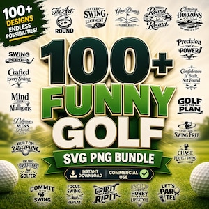 Könnte beinhalten: Ein digitales Grafikpaket mit über 100 lustigen Golfdesigns im SVG- und PNG-Format. Das Bild zeigt verschiedene golfbezogene Phrasen und Illustrationen, darunter Golfbälle und Golfplatzmotive. Die Designs sind für die kommerzielle Nutzung geeignet.