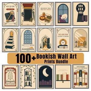Puede incluir: Una colección de más de 100 láminas de arte mural con temática de libros que incluye diversas ilustraciones literarias, como llaves, libros, ventanas e interiores acogedores con textos como Key to the Quiet Wing y No Rush Inside a Book.