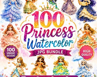 Paquete de 100 acuarelas de princesas, imágenes prediseñadas de princesas con fondo transparente, diseños para sublimación, decoración para fiestas de cumpleaños, descarga digital.