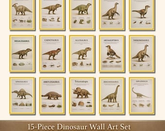 Juego de 15 piezas de arte mural de dinosaurios imprimibles, pósteres educativos Montessori de dinosaurios para guarderías y habitaciones infantiles, paquete de decoración educativa