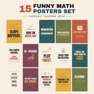 Könnte beinhalten: Ein Set aus 15 lustigen Mathe-Postern mit verschiedenen pädagogischen Wortspielen und mathematischen Grafiken. Jedes Poster zeigt einen einzigartigen Text wie Slope Happens, Have An Acute Day, Plot Twist und Algebra in gedeckten Farben.