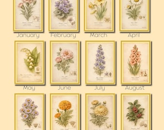 Juego de 12 impresiones de flores botánicas vintage para el mes de nacimiento, arte mural con flores de nacimiento imprimible, archivo digital