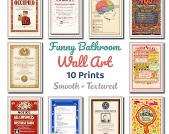 Juego de 10 láminas decorativas divertidas para el baño, decoración con humor para el baño, decoración para aumentar la dopamina, paquete de decoración ecléctica para el baño, descarga digital.