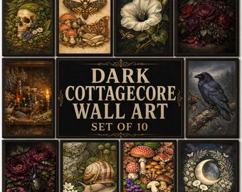 Arte mural de estilo cottagecore oscuro, juego de 10 láminas botánicas góticas, decoración de pared de galería victoriana con ambiente melancólico, descarga digital imprimible.