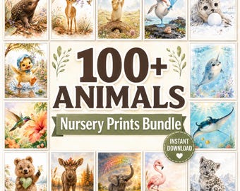 Paquete de más de 100 láminas de animales en acuarela para guardería, arte de pared infantil, decoración para habitación de bebé, sala de juegos para niños y niñas, regalo para baby shower, descarga digital imprimible.