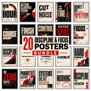 Op de afbeelding: Een verzameling van 20 posters met gedurfde typografie en grafische ontwerpen in zwart, wit en rood. Elke poster toont motiverende teksten zoals Win The Hour, Action Clarifies Vision, Cut The Noise en Discipline Over Distraction.