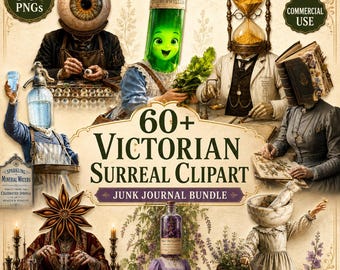 Paquete de imágenes prediseñadas para diarios creativos, más de 60 imágenes PNG de boticario surrealista, efímeros de estilo academia oscura, imprimibles para diarios de arte gótico, kit de álbum de recortes con collage de brujas