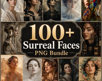 Paquete de imágenes PNG de retratos surrealistas de mujeres, más de 100 imágenes prediseñadas de fantasía oscura, arte mural etéreo imprimible, descarga digital de sublimación de diosas celestiales