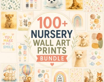 Paquete de láminas imprimibles para la habitación del bebé (más de 100) / Decoración para la habitación del bebé / Láminas de animales en acuarela / Arte para la pared de la habitación infantil / Pósteres educativos
