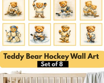 Juego de 8 láminas decorativas para habitación infantil con diseño de ositos de peluche jugando al hockey, decoración imprimible para habitación de niño, lámina de osito de hockey sobre hielo para bebé, descarga digital en acuarela vintage.