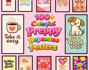 Paquete de arte mural estilo preppy / Más de 100 pósteres imprimibles con decoración inspiradora / Decoración adorable para dormitorios universitarios / Descarga digital / Arte mural estético y colorido