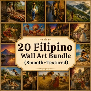 May include: A digital collection of 20 Filipino wall art prints featuring various scenes of daily life, landscapes, and cultural traditions, with the text 20 Filipino Wall Art Bundle (Smooth+Textured) centred in a decorative beige frame.