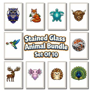 May include: Set of 10 framed art prints featuring stained glass animal designs. Includes an owl, fox, turtle, Highland cow, hummingbird, koi fish, deer, axolotl, hedgehog, and peacock. Each print is in a white frame.