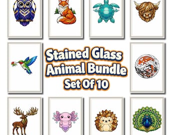 Paquete de láminas de vidrieras con estampado animal, 10 láminas de arte en vidrio para imprimir, decoración colorida en vidrio, idea de regalo única.