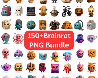 Paquete de PNG de Brainrot italiano, más de 150 personajes de Brainrot en PNG, imágenes prediseñadas de memes, PNG virales divertidos, PNG de pegatinas de Brainrot, paquete de PNG de memes, PNG de memes chibi