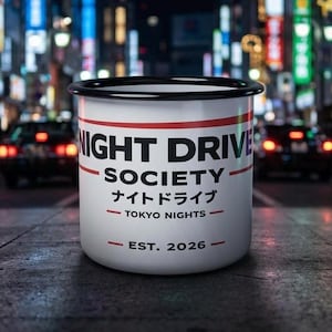 Night Drive Society Mug | JDM Car Enthusiast Gift | Car Guy Coffee Mug | Automotive Enamel Mug | Night Driving Mug