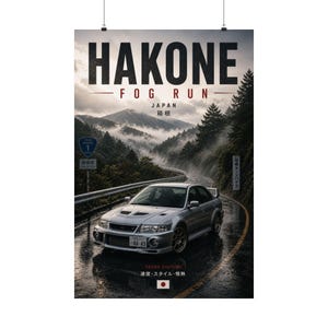 Puede incluir: Póster con un coche deportivo plateado en una carretera mojada en un paso de montaña con niebla. El póster tiene el texto "HAKONE FOG RUN JAPAN" en la parte superior, con texto japonés debajo. La imagen también incluye el texto "TOUGE CULTURE".