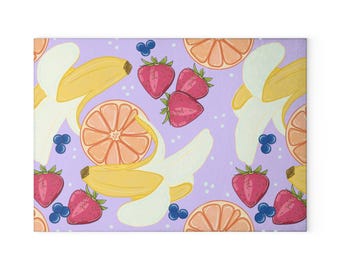 Hand-Drawn Fruit Pattern Glass Cutting Board | Bananas Oranges Strawberries Blueberries