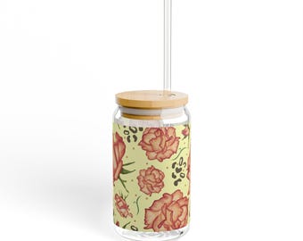 Vintage Rose Pattern Sipper Glass | 16oz Floral Canister Tumbler