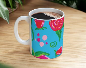 Hand-Drawn Happy Roses Ceramic Mug | Bright Floral Coffee Tea Mug