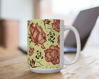 Peach Rose Floral Pattern Mug | Ceramic Coffee Cup, Botanical Print
