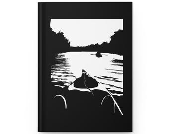 Kayaking River Scene Hardcover Journal | Black White Canoe Silhouette