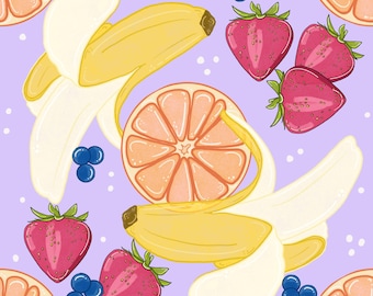 Fruit Pattern Seamless JPG: Bananas, Oranges, Strawberries, Blueberries (Digital Download)