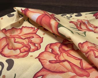 Hand Drawn Rose Floral Fabric by Yard, Cotton Twill | Yellow Leopard Accent