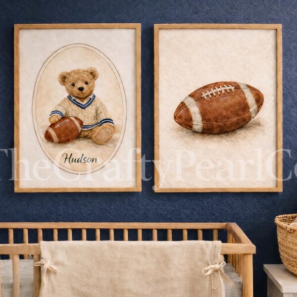 impressions vintage de chambre d'enfant football nounours | Décoration de chambre BCBG pour bébé garçon (téléchargement numérique)