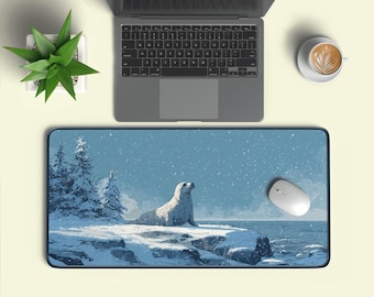 Snowy Seal bureaumat | Kalme winter-muismat | Minimale blauwe XL-bureaumat