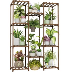 Puede incluir: Un estante de madera marrón de varios niveles lleno de varias plantas en macetas. El estante tiene un marco rectangular con múltiples estantes, cada uno con diferentes tipos de vegetación, incluyendo suculentas, helechos y plantas con flores. Las macetas son de varios colores y tamaños.