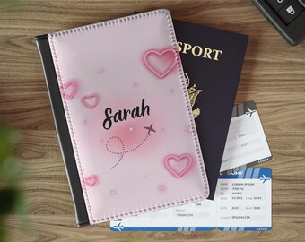 Rosa hjärtformad flygplansnamn Passfodral | Personligt resetillbehör